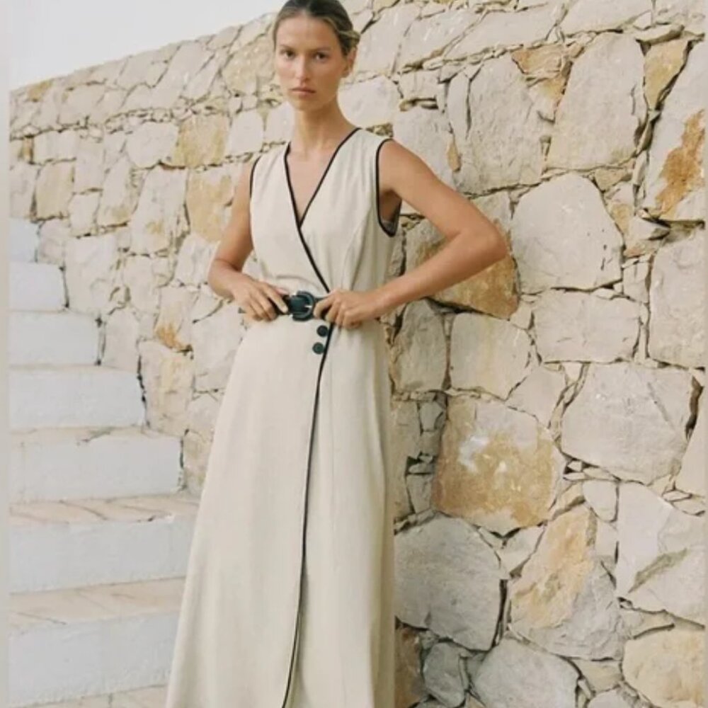 ZARA LINEN BELTED MIDI DRESS SIZE LARGE NWT